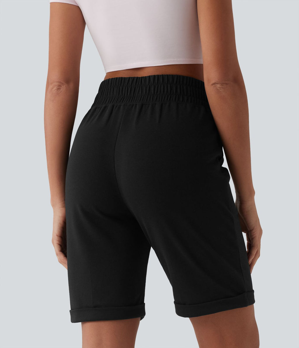 Short sweat décontracté taille haute à ourlet roulé avec poches