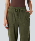 Pantalon décontracté fuselé en velours côtelé, taille mi-haute, cordon et poches