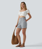 Short resort 12,5 cm taille haute effet lin avec ourlet roulotté et poches