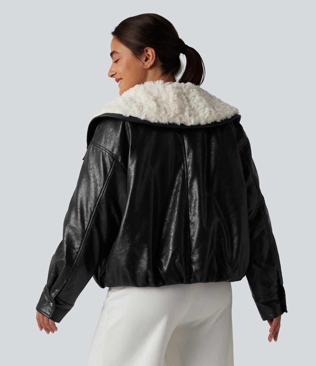 Veste casual en simili cuir à col en fausse fourrure et fermeture éclair avec poches