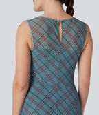 Robe mini décontractée 2-en-1 sans manches à carreaux avec empiècements mesh contrastés et poche latérale