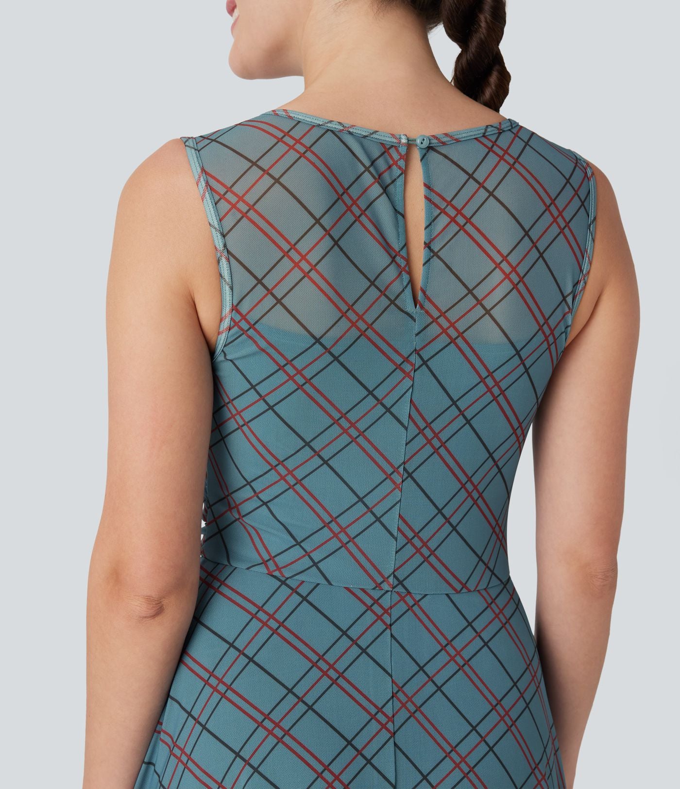Robe mini décontractée 2-en-1 sans manches à carreaux avec empiècements mesh contrastés et poche latérale