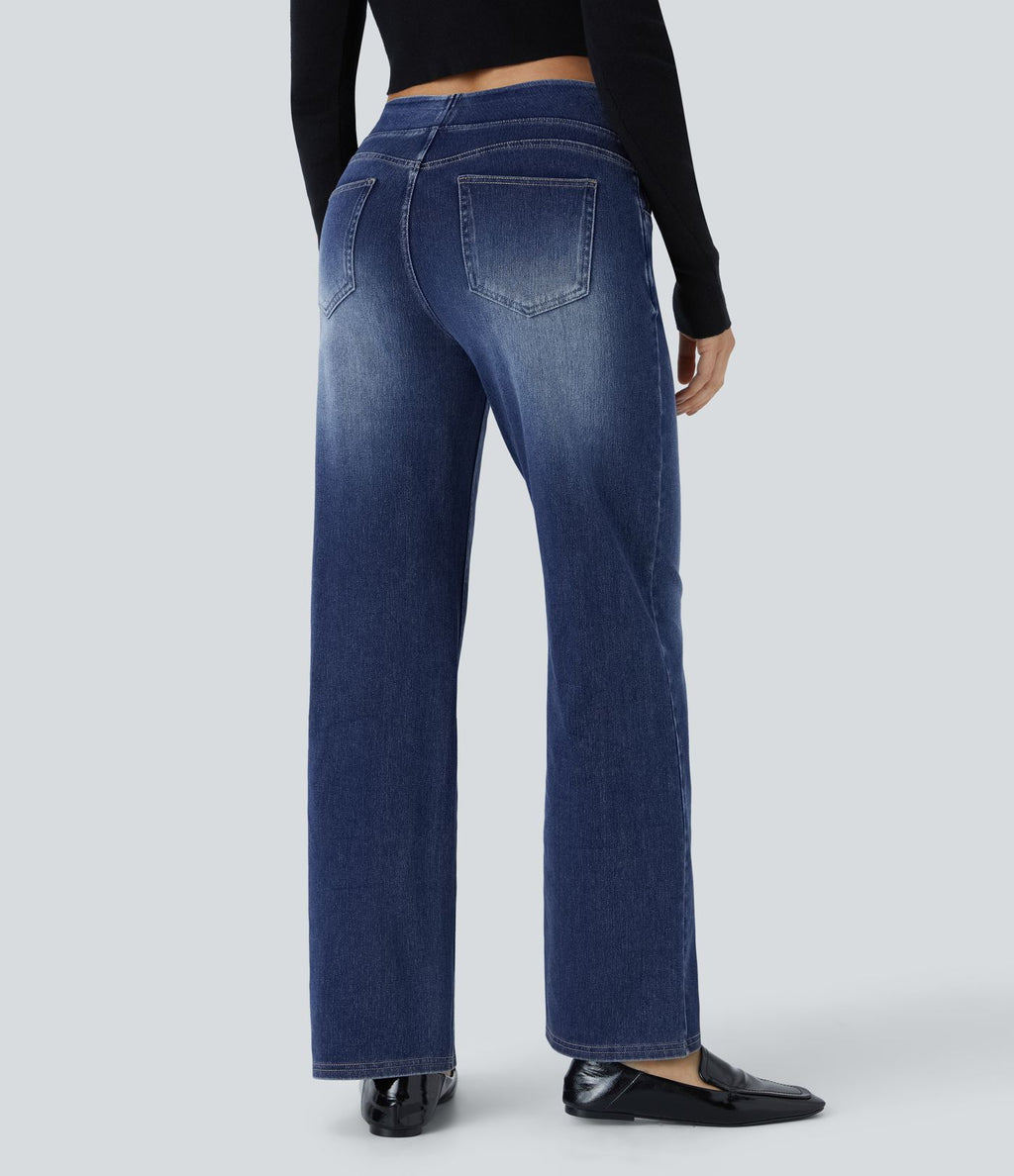 Jean décontracté Halara Flex™ taille haute, extensible, délavé, jambes droites avec poches multiples