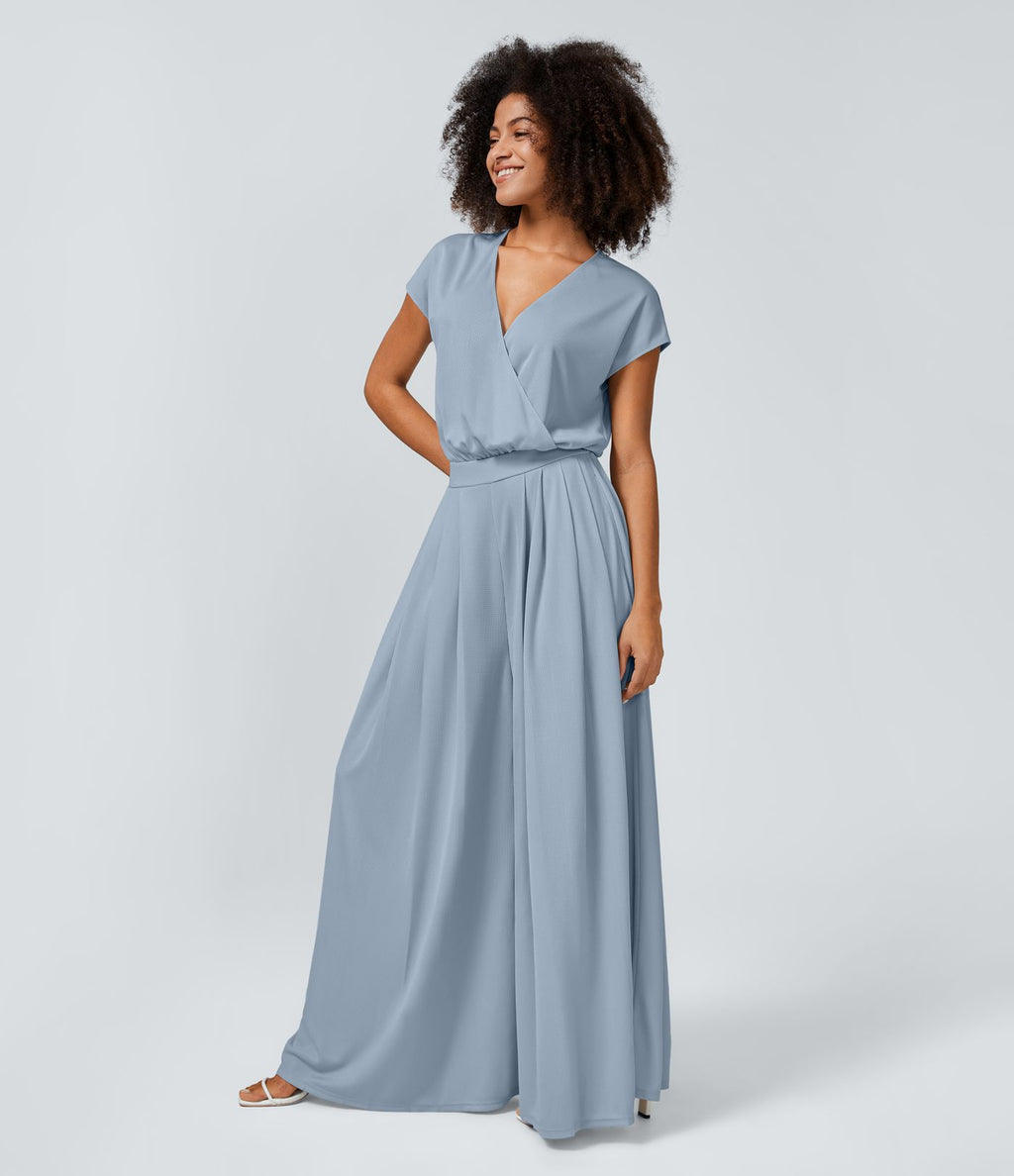 Combinaison Casual Col en V Jambes Large Plissée Manches Courtes Poche Latérale Gaufrée Fluide
