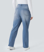 Jean décontracté Halara Flex™ grande taille, taille haute, multiples poches, jambes droites, effet délavé, en maille extensible