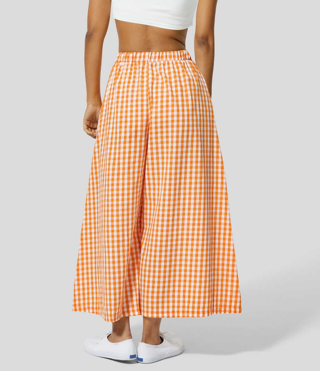 Pantalon en Coton Casual à Carreaux à Taille Haute avec Cordon de Serrage et Poches Latérales Amples