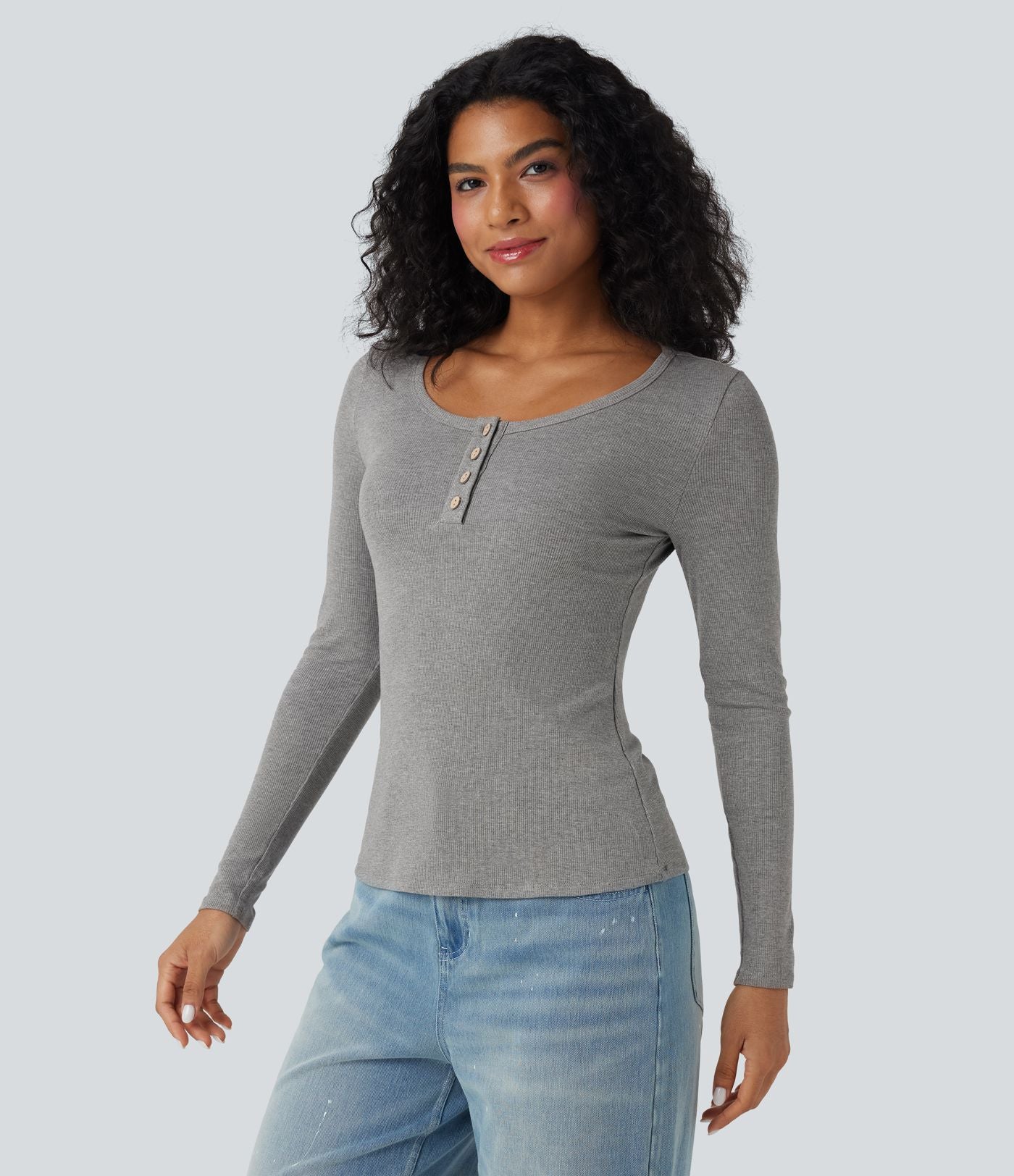 Haut décontracté ajusté maille côtelée henley manches longues