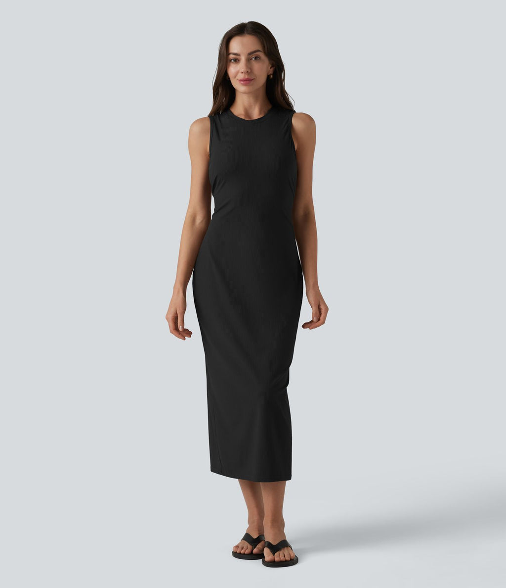 Robe midi moulante décontractée côtelée à col rond sans manches avec soutien-gorge intégré