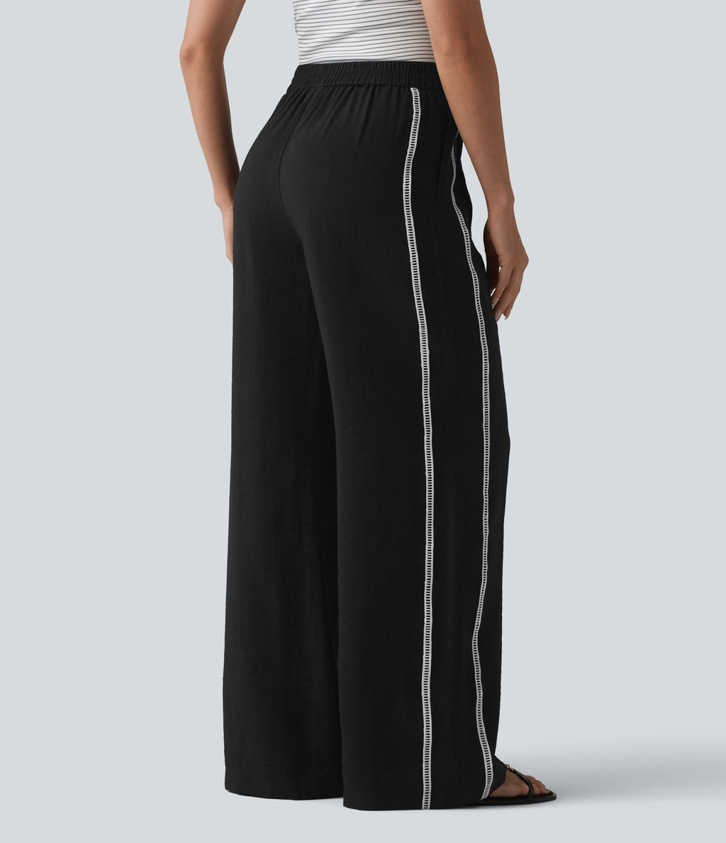 Pantalon large fluide décontracté taille haute color block aspect lin avec poches