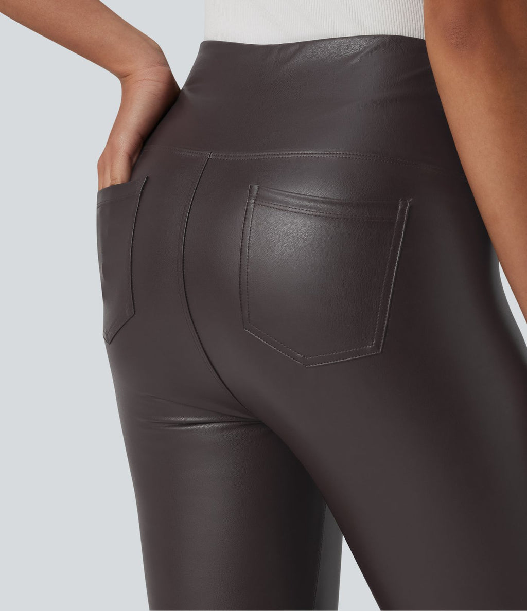 Legging casual 7/8 taille haute ventre plat en similicuir extensible, avec poches