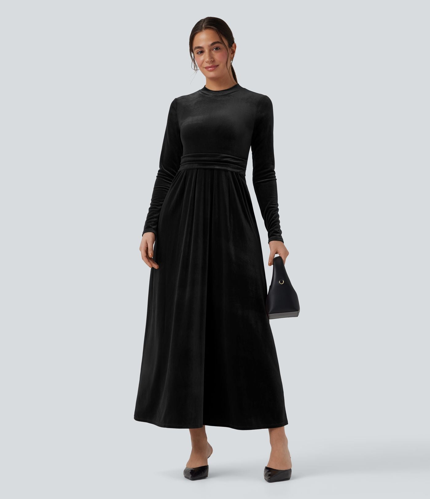 Robe longue en velours col montant manches longues avec poches