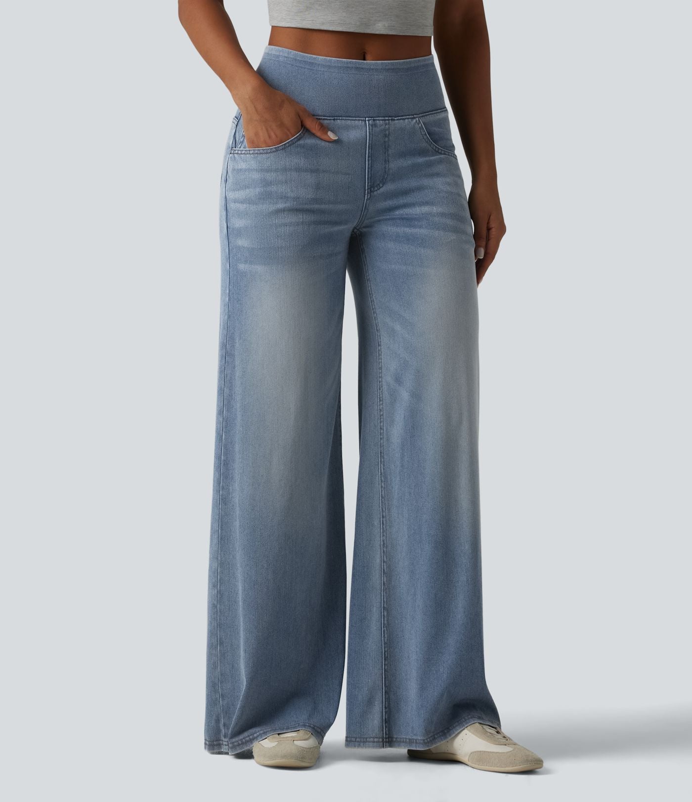 Halara Flex™ Jean large casual baggy taille mi-haute en lyocell drapé effet délavé, avec poches