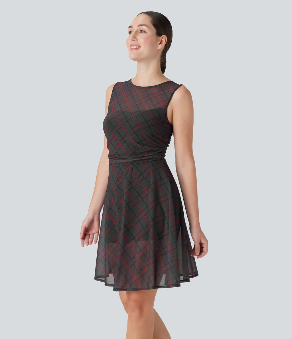 Robe mini décontractée 2-en-1 sans manches à carreaux avec empiècements mesh contrastés et poche latérale