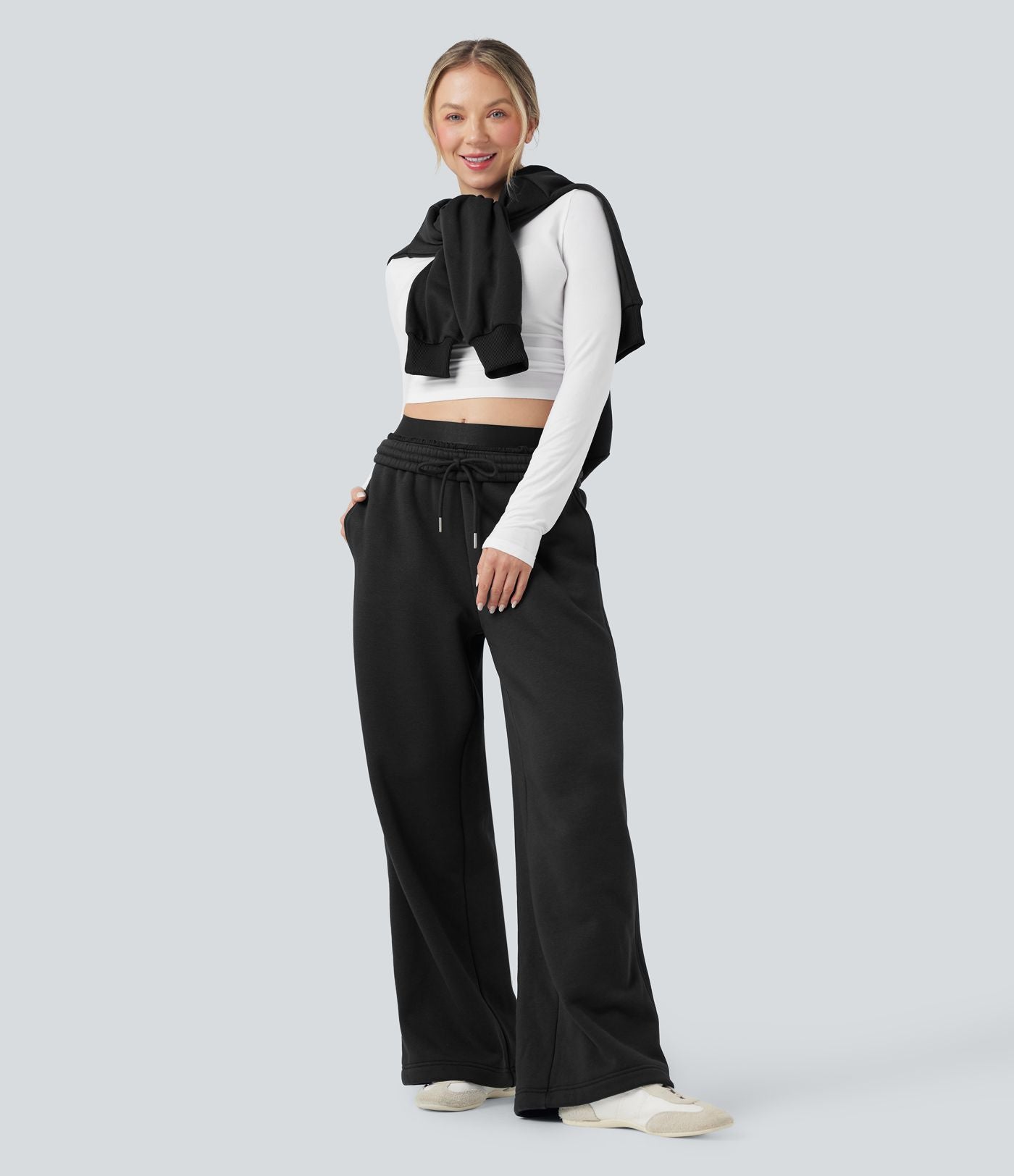 Pantalon jogging en coton molleton large taille haute avec cordon et poches