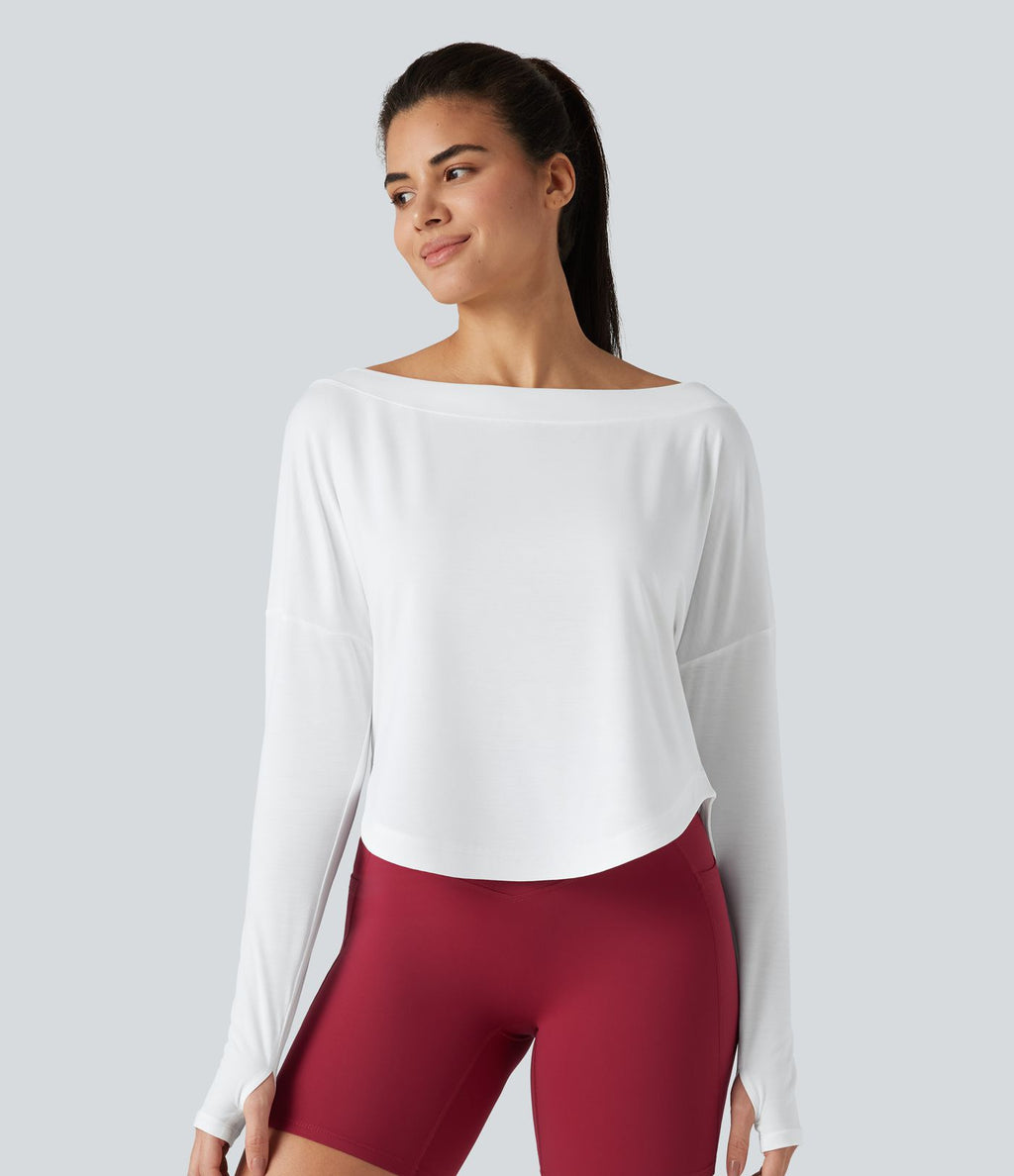 Top de sport yoga asymétrique une épaule manches longues avec trou pour le pouce, ourlet arrondi asymétrique et séchage rapide
