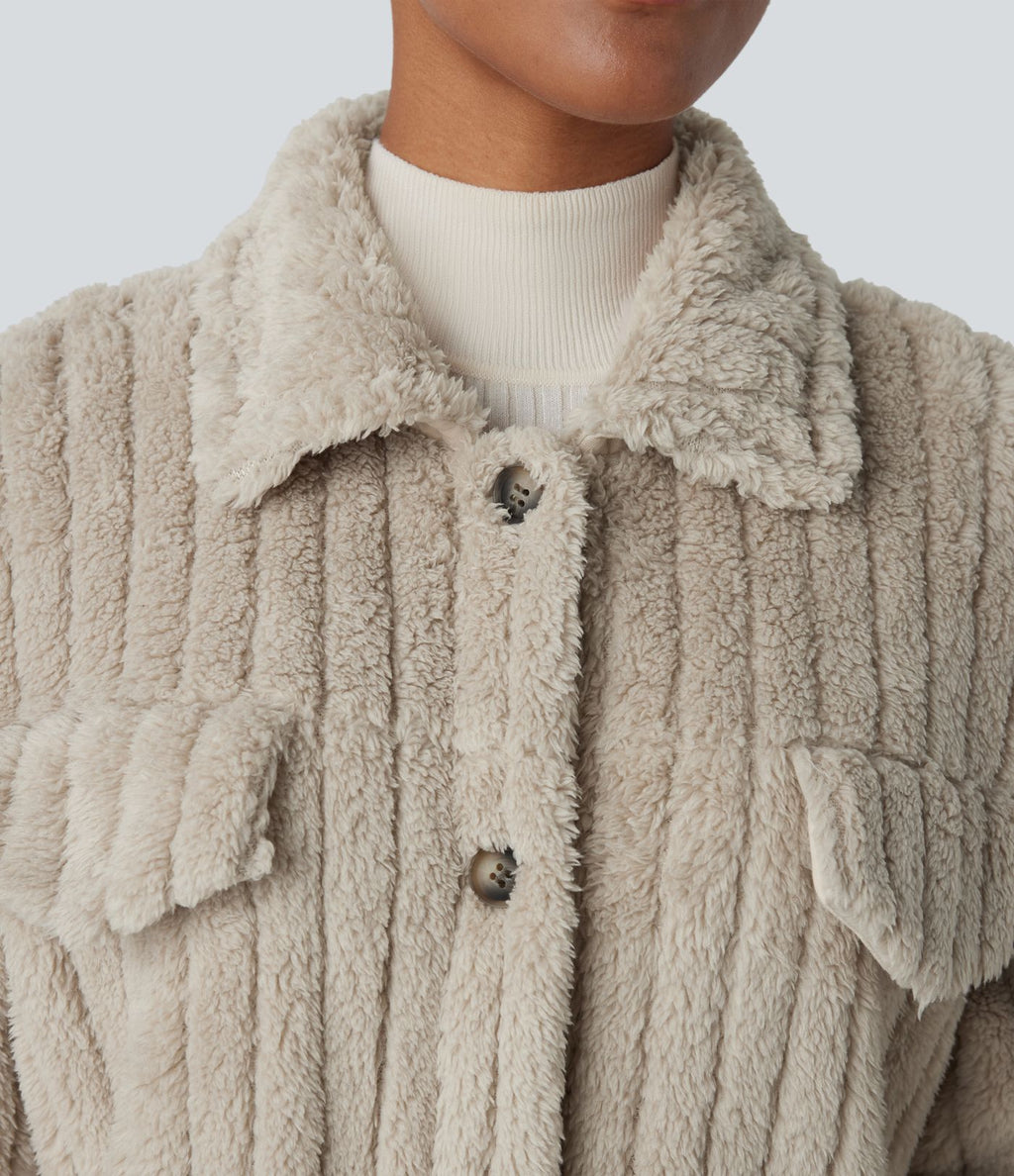 Veste décontractée en sherpa à col, boutons et manches longues