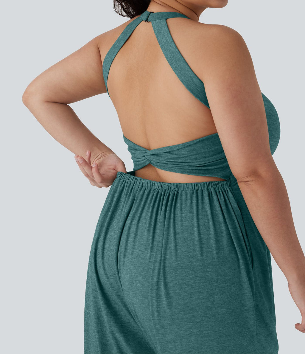 Combinaison sarouel dos nu torsadée grande taille avec poche latérale - Édition facile à enfiler