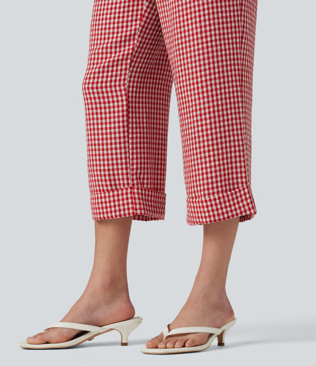 Pantalon 7/8 décontracté aspect lin à carreaux taille haute avec poches