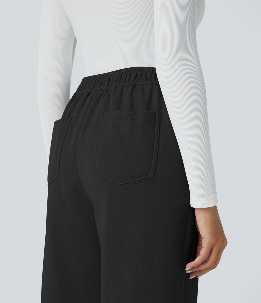 Pantalon Jogging en Fleece Thermique Jambe Droite Boutons Taille Haute Plusieurs Poches