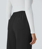 Pantalon Jogging en Fleece Thermique Jambe Droite Boutons Taille Haute Plusieurs Poches