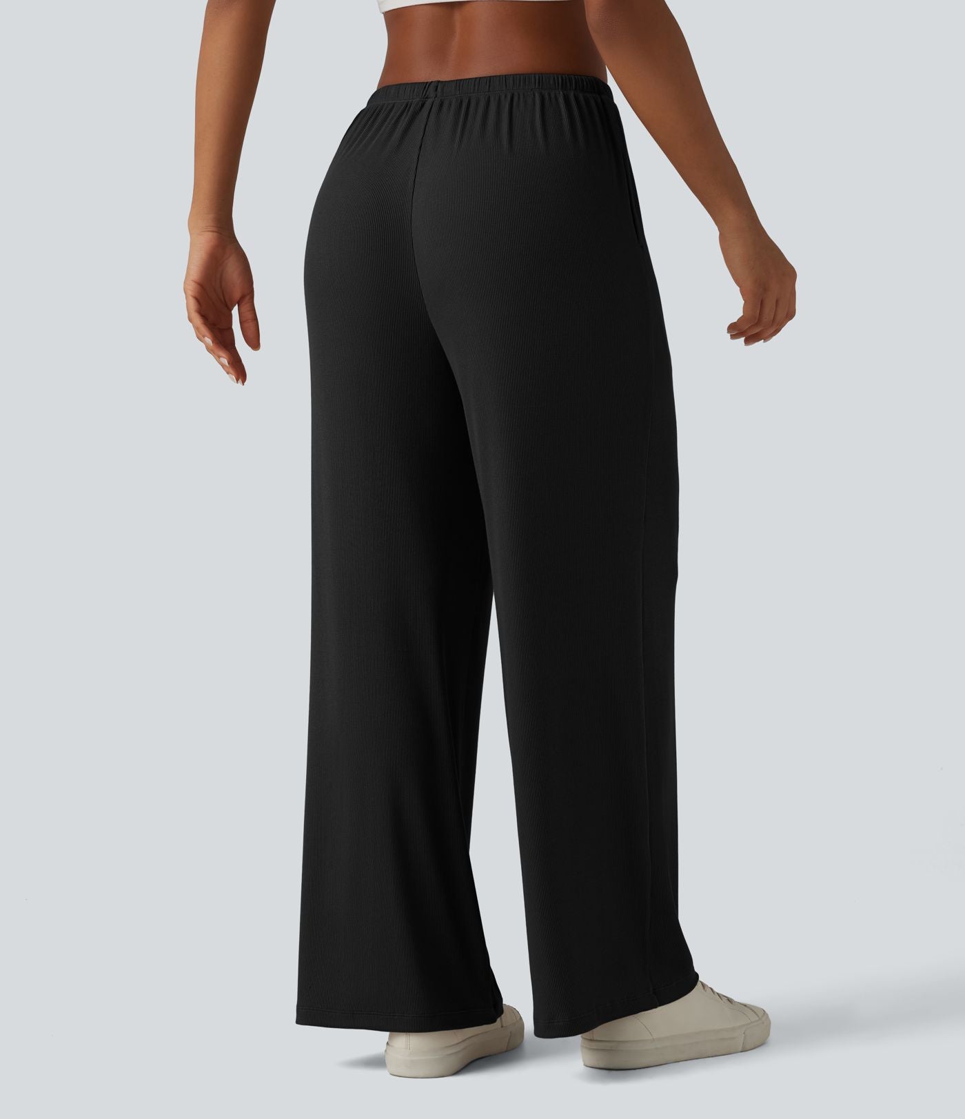 Pantalon large casual en maille côtelée extensible taille mi-haute avec cordon de serrage et poches