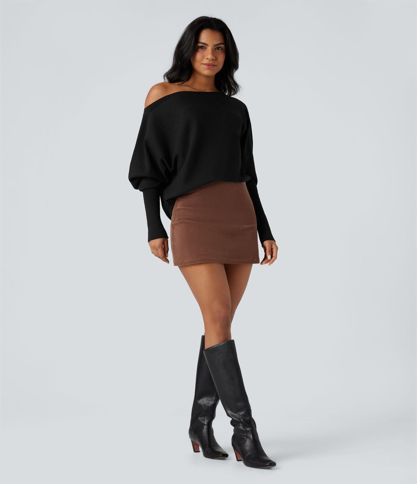 Pull une épaule manches chauve-souris ourlet arrondi