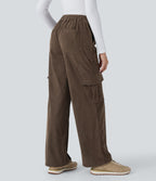 Pantalon cargo décontracté droit en velours côtelé, taille mi-haute, avec poches