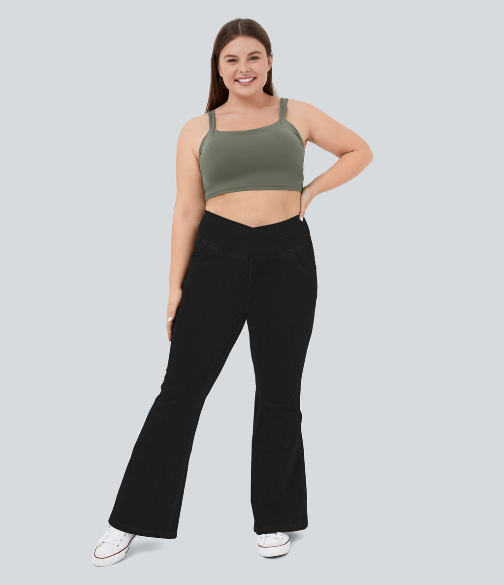Jean super évasé Halara Flex™ grande taille en maille denim extensible délavée taille haute avec poches croisées effet frais InstantCool respirant