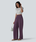Pantalon casual large mélange lin taille haute avec cordon de serrage et poches