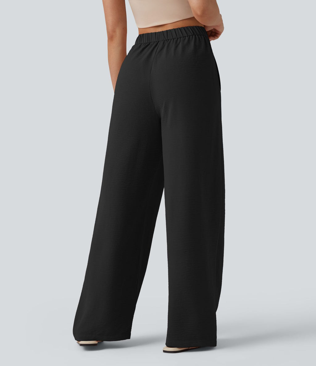 Pantalon détente  effet lin taille haute, cordon latéral avec poches