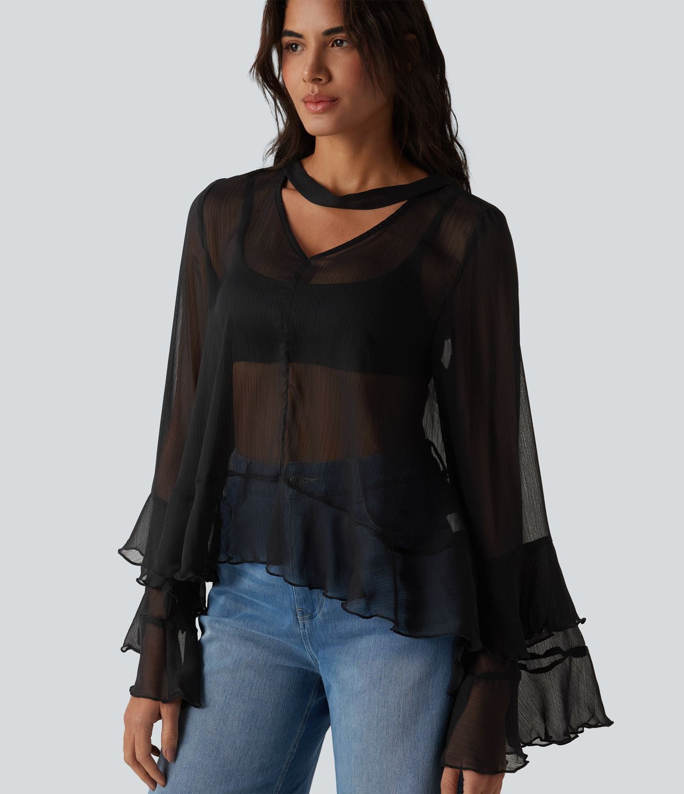 Chemise casual transparente col V manches longues à volants