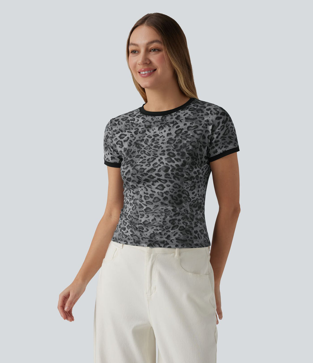 T-shirt casual ringer imprimé léopard col rond à manches courtes
