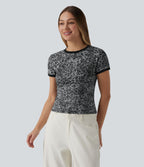 T-shirt casual ringer imprimé léopard col rond à manches courtes