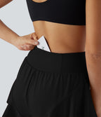 Short Yoga 2-en-1 à Taille Haute Contrôle du Ventre Poches Arrière et Ourlet à Volants