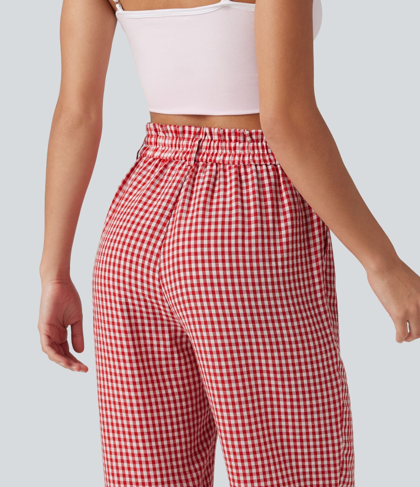 Pantalon 7/8 décontracté aspect lin à carreaux taille haute avec poches