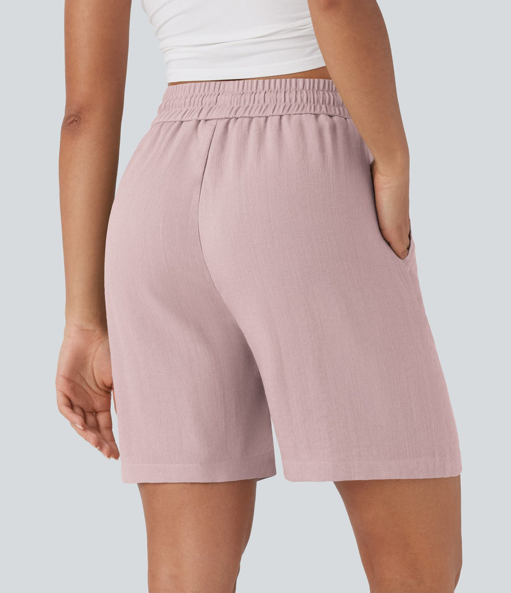 Short décontracté effet lin taille haute avec cordon de serrage et poches latérales