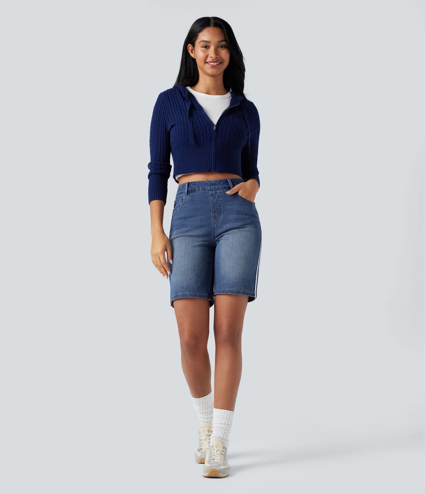 Short denim rayé Halara Flex™ taille haute avec poches