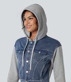 Veste en jean patchwork à capuche avec cordon de serrage et manches longues Halara Flex™