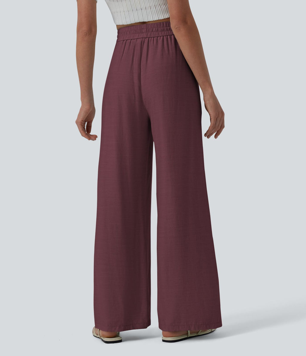 Pantalon casual large fluide mélange lin taille haute avec cordon de serrage et poches