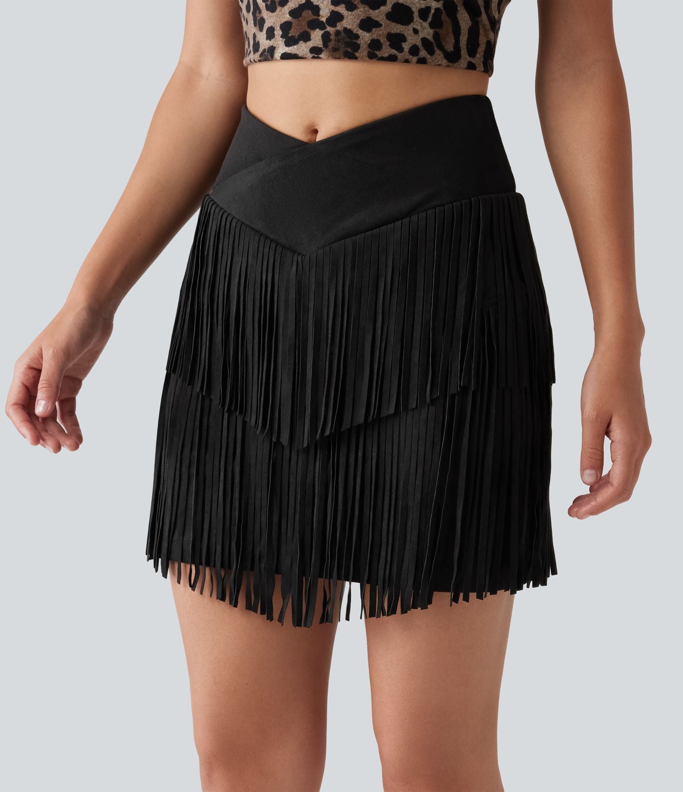 Jupe mini moulante 2-en-1 en daim pour soirée, ourlet à franges croisé, taille haute — version longue