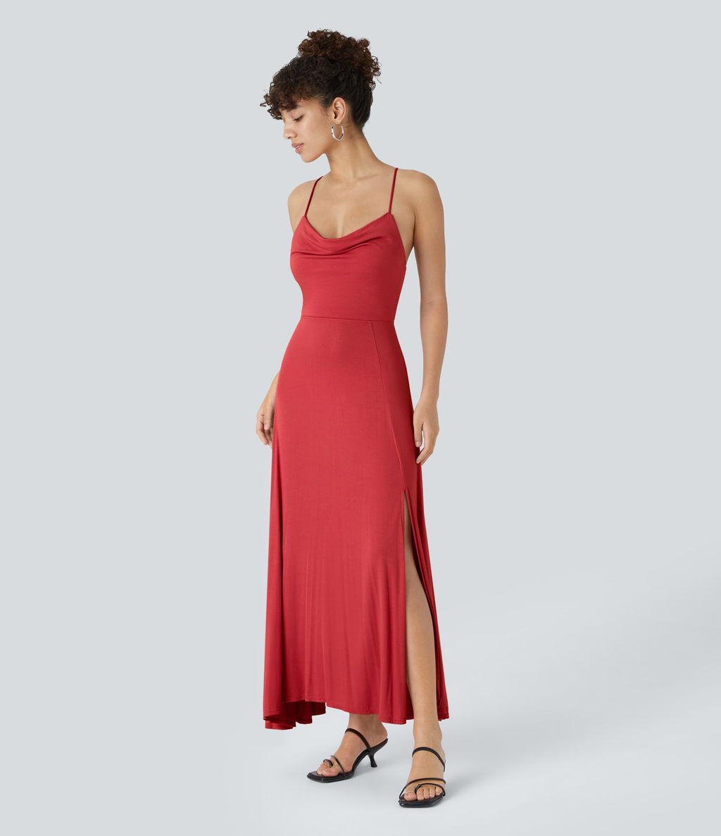 Robe Soirée Midi Encolure Côtelée Dos Nu Lacets Croisés Fendue