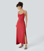 Robe Soirée Midi Encolure Côtelée Dos Nu Lacets Croisés Fendue