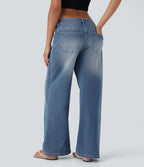 Halara Flex™ Jean large asymétrique taille basse avec bouton, fermeture éclair et poches multiples, délavé et extensible en maille