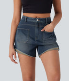 Short décontracté en jean extensible délavé Halara Flex™ taille moyenne avec revers et poches avant