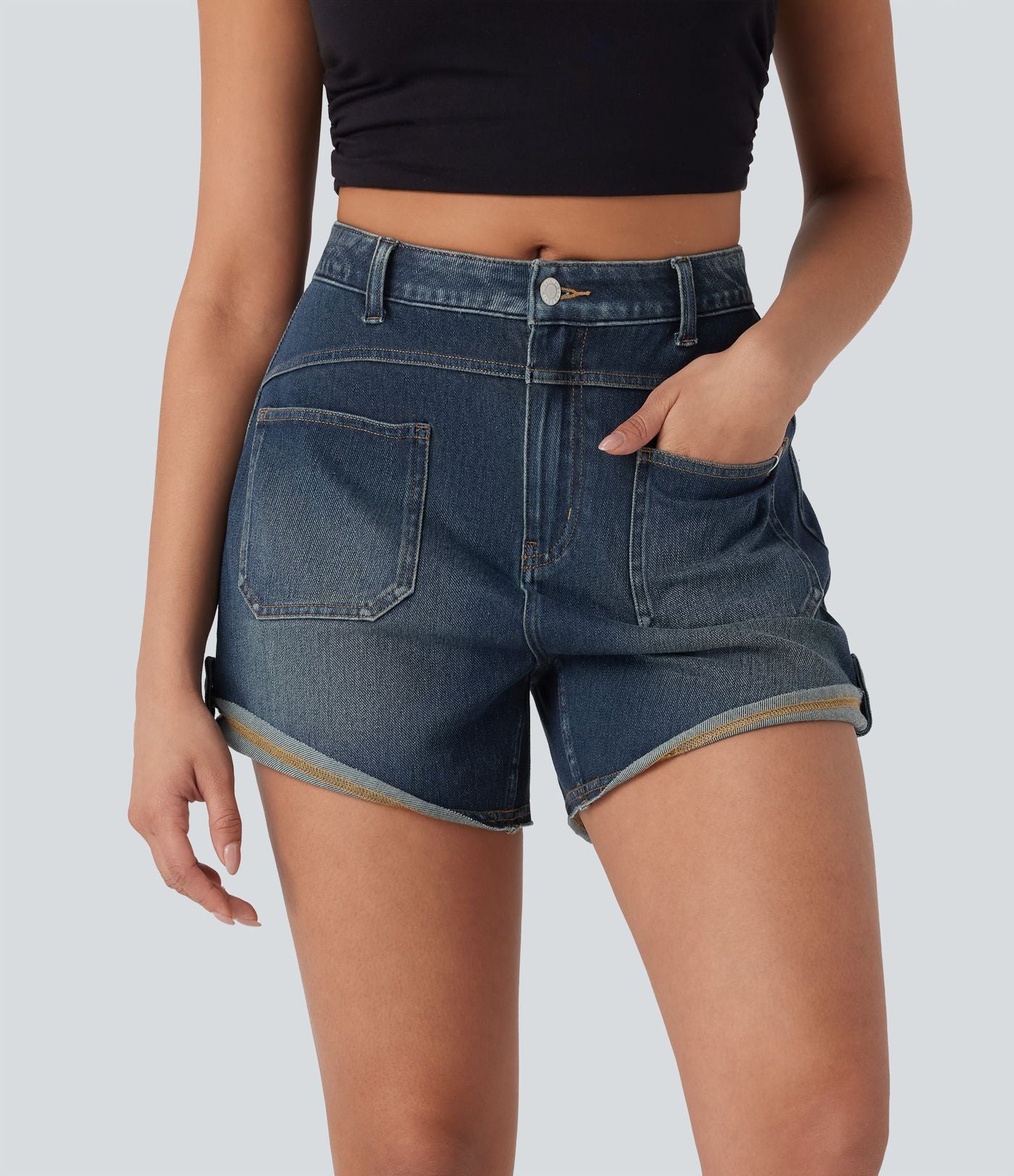 Short décontracté en jean extensible délavé Halara Flex™ taille moyenne avec revers et poches avant
