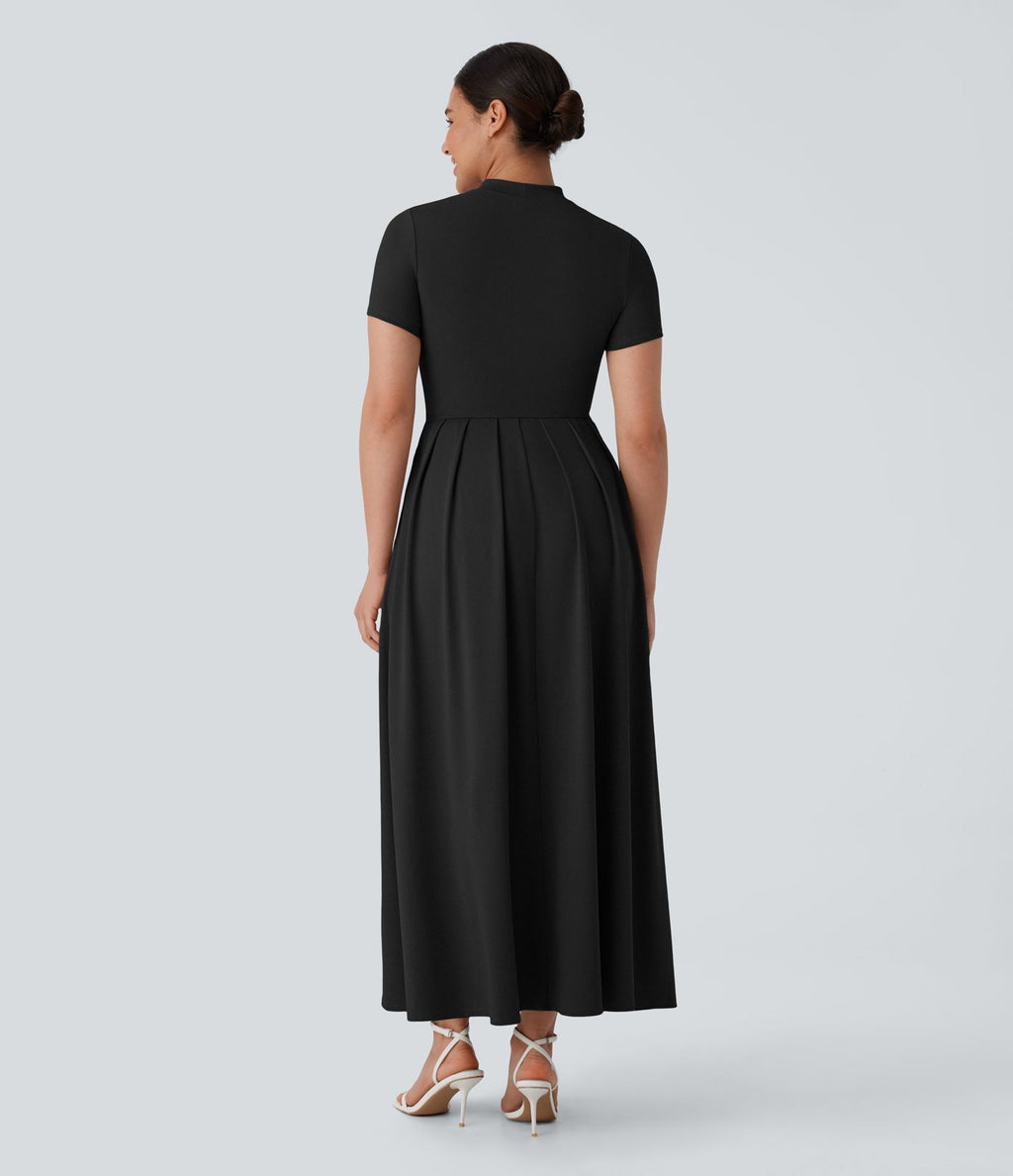 Robe longue décontractée à col montant, manches courtes et poches latérales