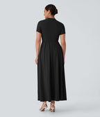 Robe longue décontractée à col montant, manches courtes et poches latérales