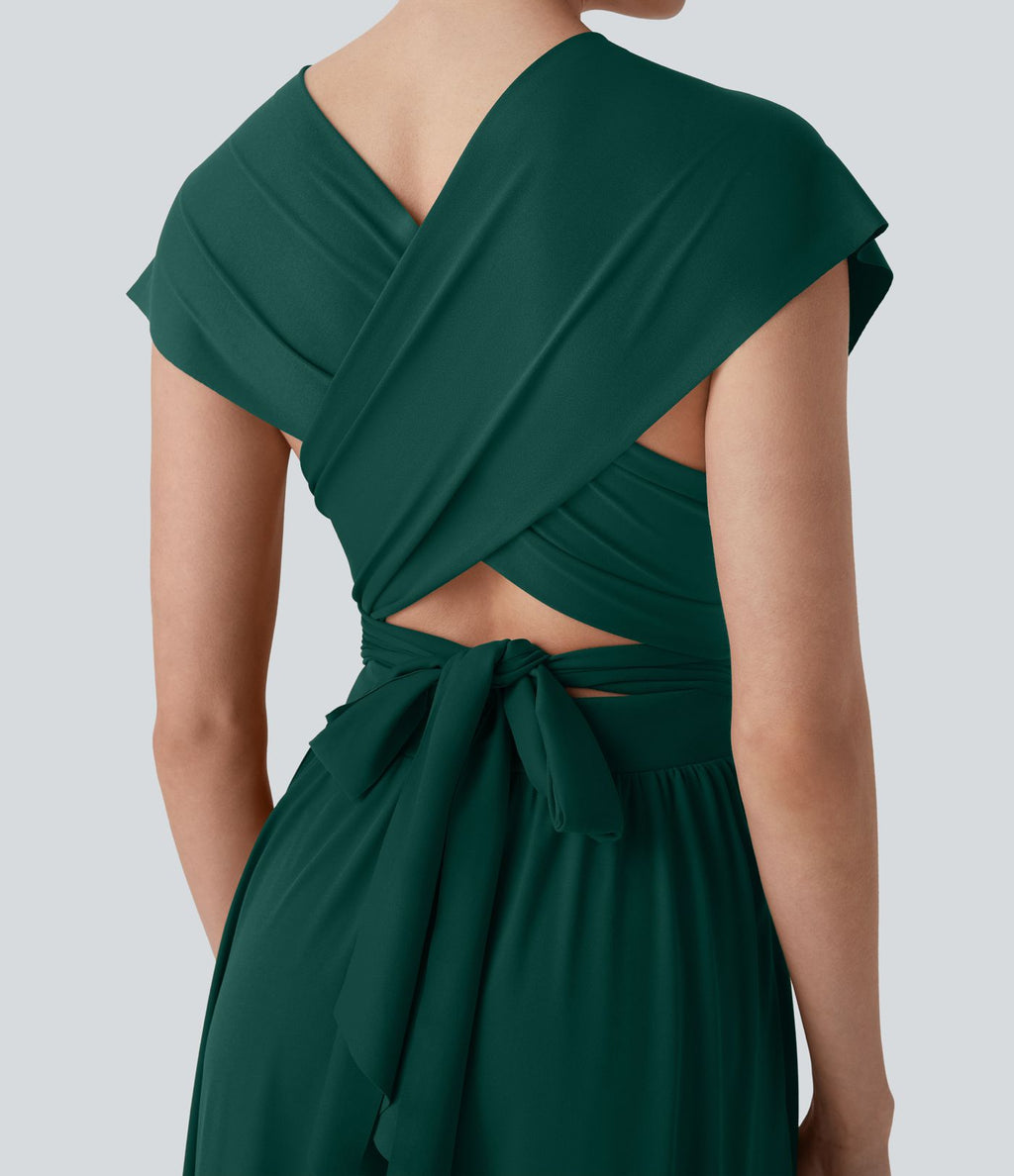 Robe longue de soirée col V, manches courtes, dos croisé à nouer, fendue avec poche latérale