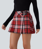 High Waisted de Decorative Buckle 2-in-1 Plaid Pleated Mini Casual Skirt