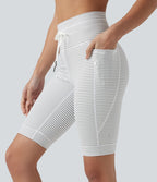 Short cycliste de yoga taille haute à rayures avec cordon de serrage 23 cm et poches